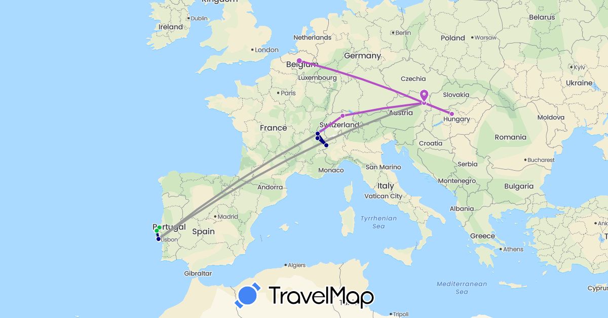 TravelMap itinerary: driving, bus, plane, train in Austria, Belgium, Switzerland, France, Hungary, Portugal (Europe)